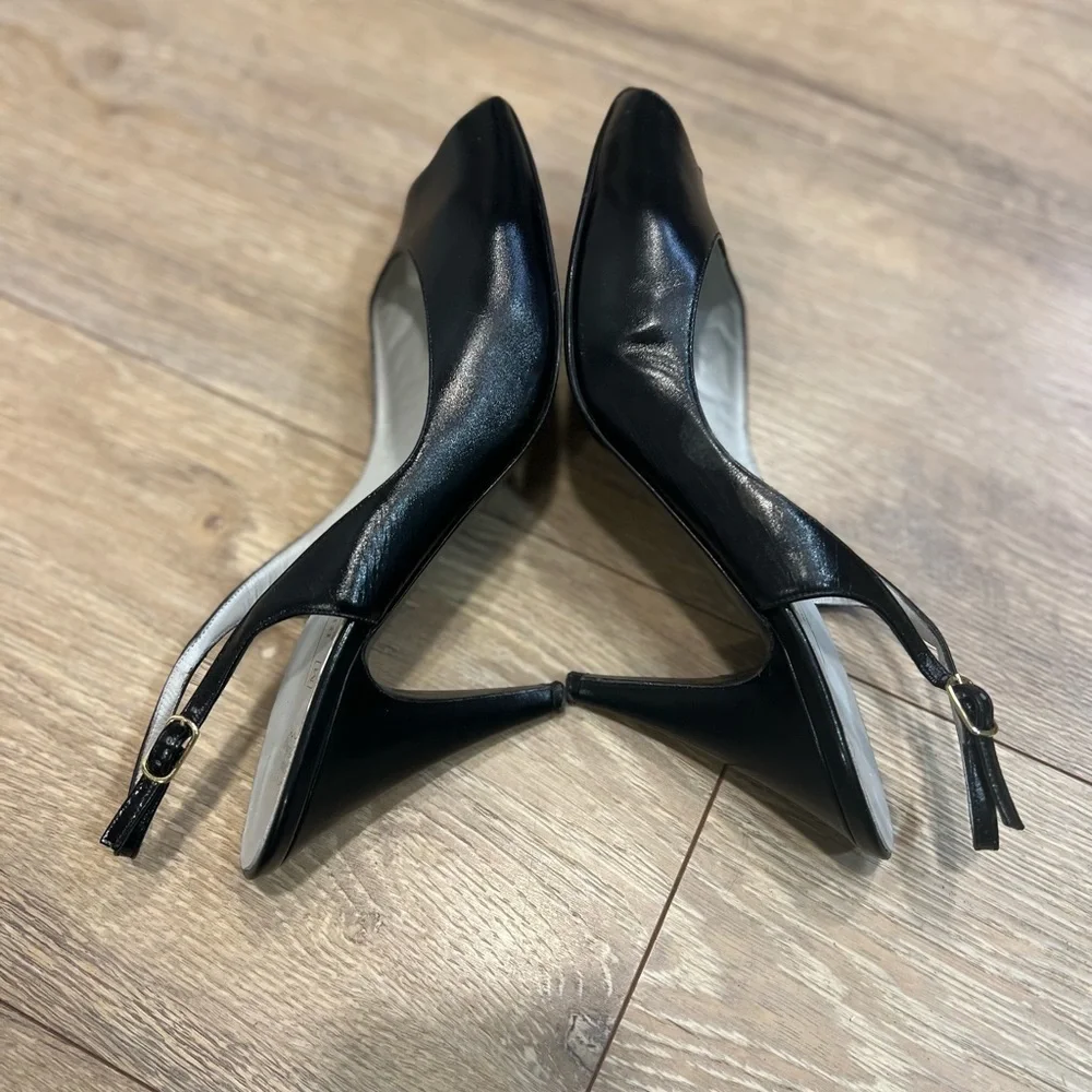 BRUNO MAGLI black leather peep toe sling shoes with gold accent on the toe - Picture 12 of 16